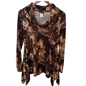 Brown Long Sleeve Cowl Neck Tunic with Asymmetrical Hemline